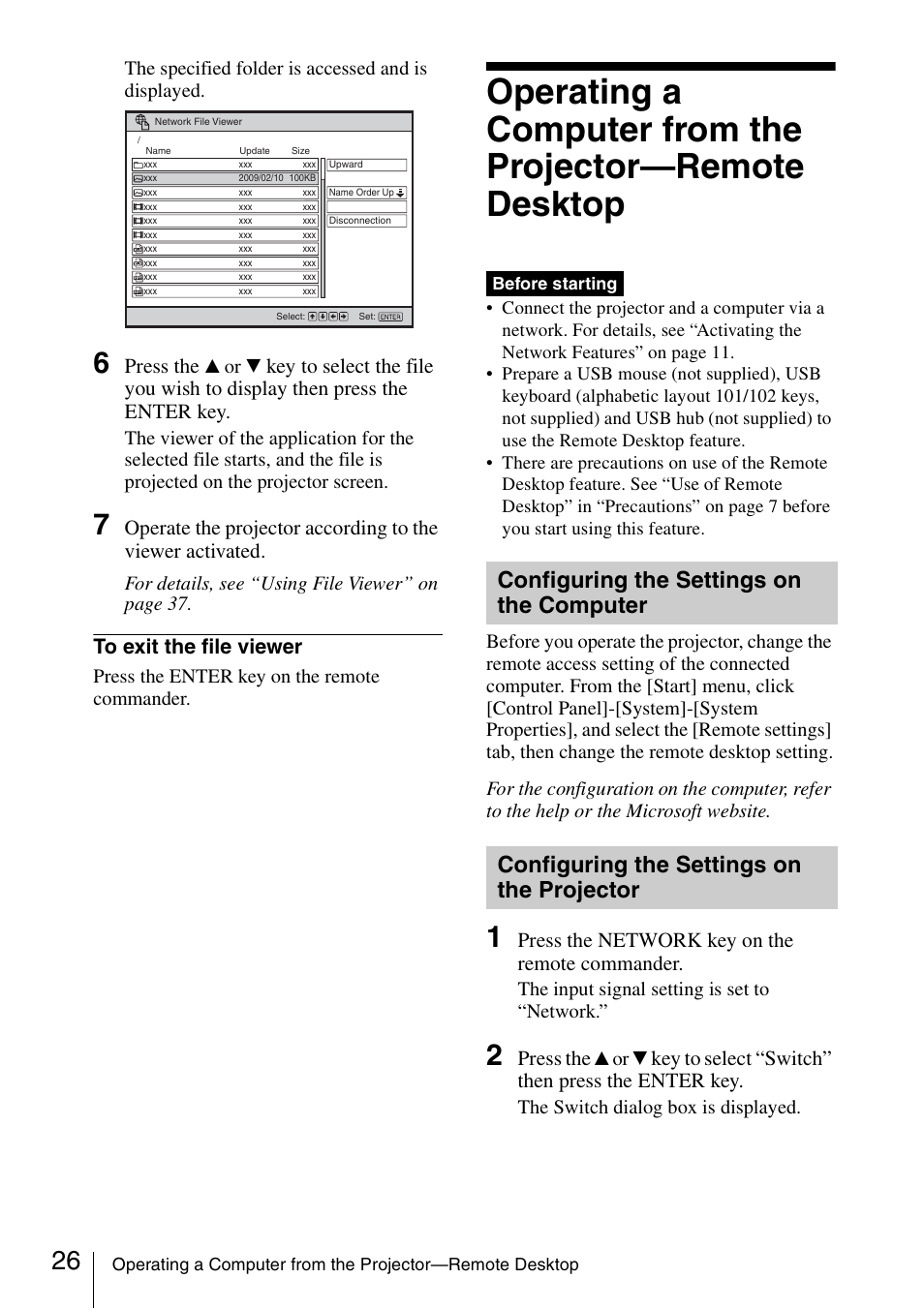 Configuring the settings on the computer, Configuring the settings on the projector, Operating a computer from the | Projector—remote desktop, Configuring the settings on the, Computer, Projector, Press the, Press the network key on the remote commander, Key to select “switch” then press the enter key | Sony 4-125-572-12 (1) User Manual | Page 26 / 47