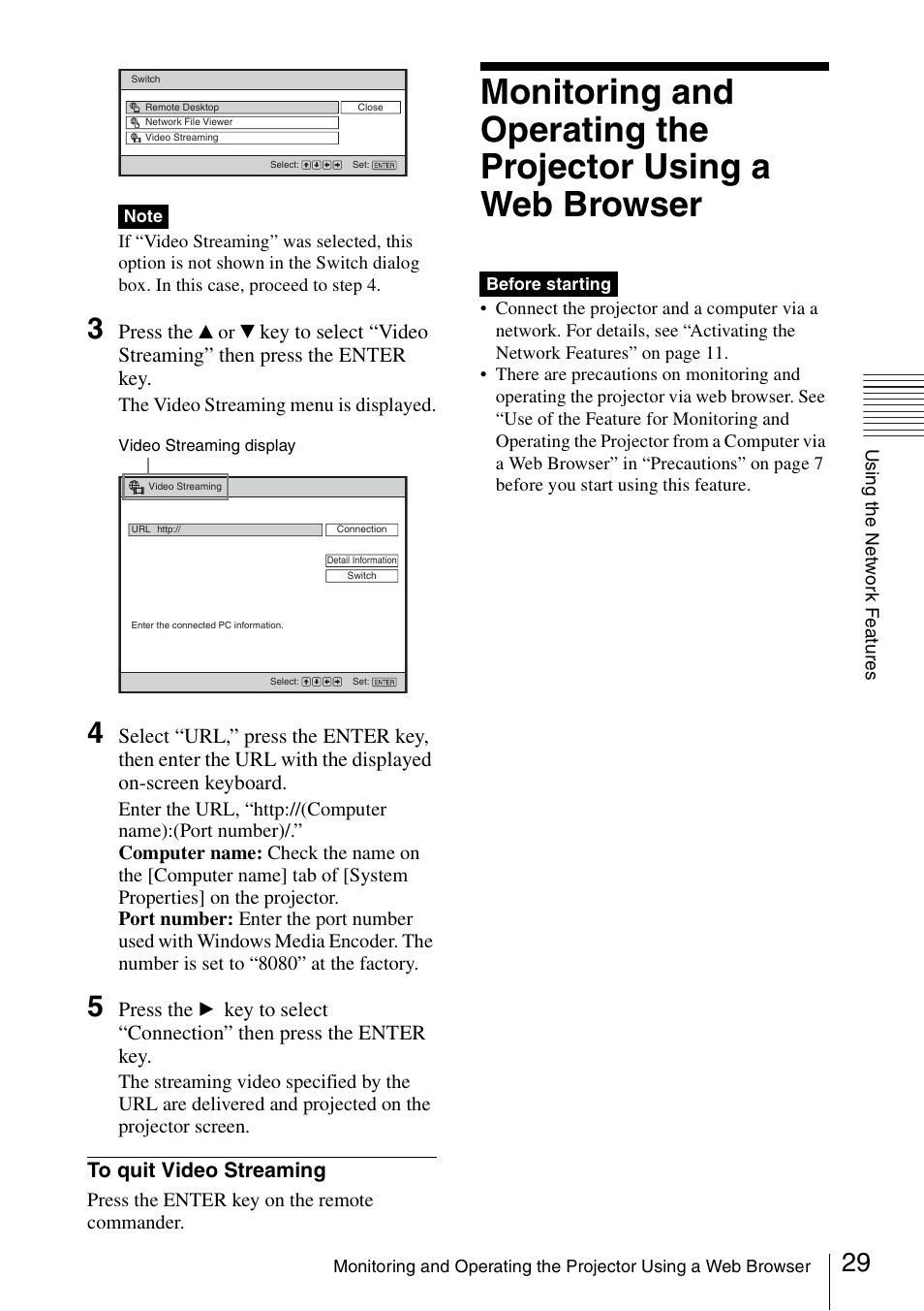 Monitoring and operating the projector, Using a web browser | Sony 4-125-572-12 (1) User Manual | Page 29 / 47