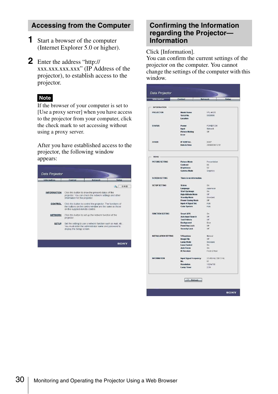 Accessing from the computer, Confirming the information, Regarding the projector —information | Sony 4-125-572-12 (1) User Manual | Page 30 / 47