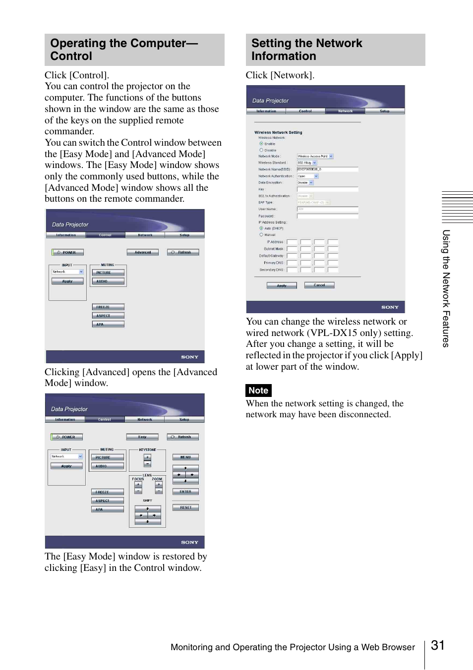 Operating the computer-control, Setting the network information, Operating the computer | Control, Setting the network, Information | Sony 4-125-572-12 (1) User Manual | Page 31 / 47