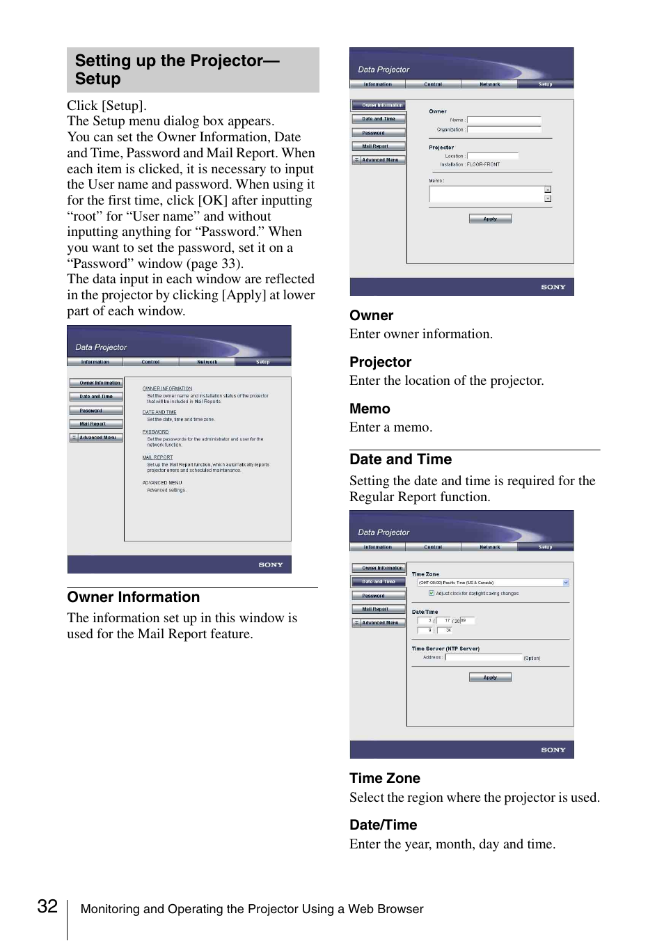 Setting up the projector-setup, Setting up the projector, Setup | Sony 4-125-572-12 (1) User Manual | Page 32 / 47