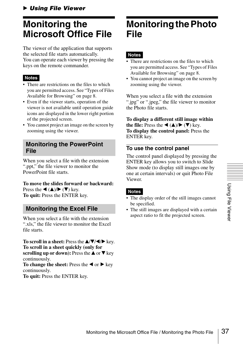 Using file viewer, Monitoring the microsoft office file, Monitoring the powerpoint file | Monitoring the excel file, Monitoring the photo file, Monitoring the microsoft office, File, Monitoring the powerpoint | Sony 4-125-572-12 (1) User Manual | Page 37 / 47