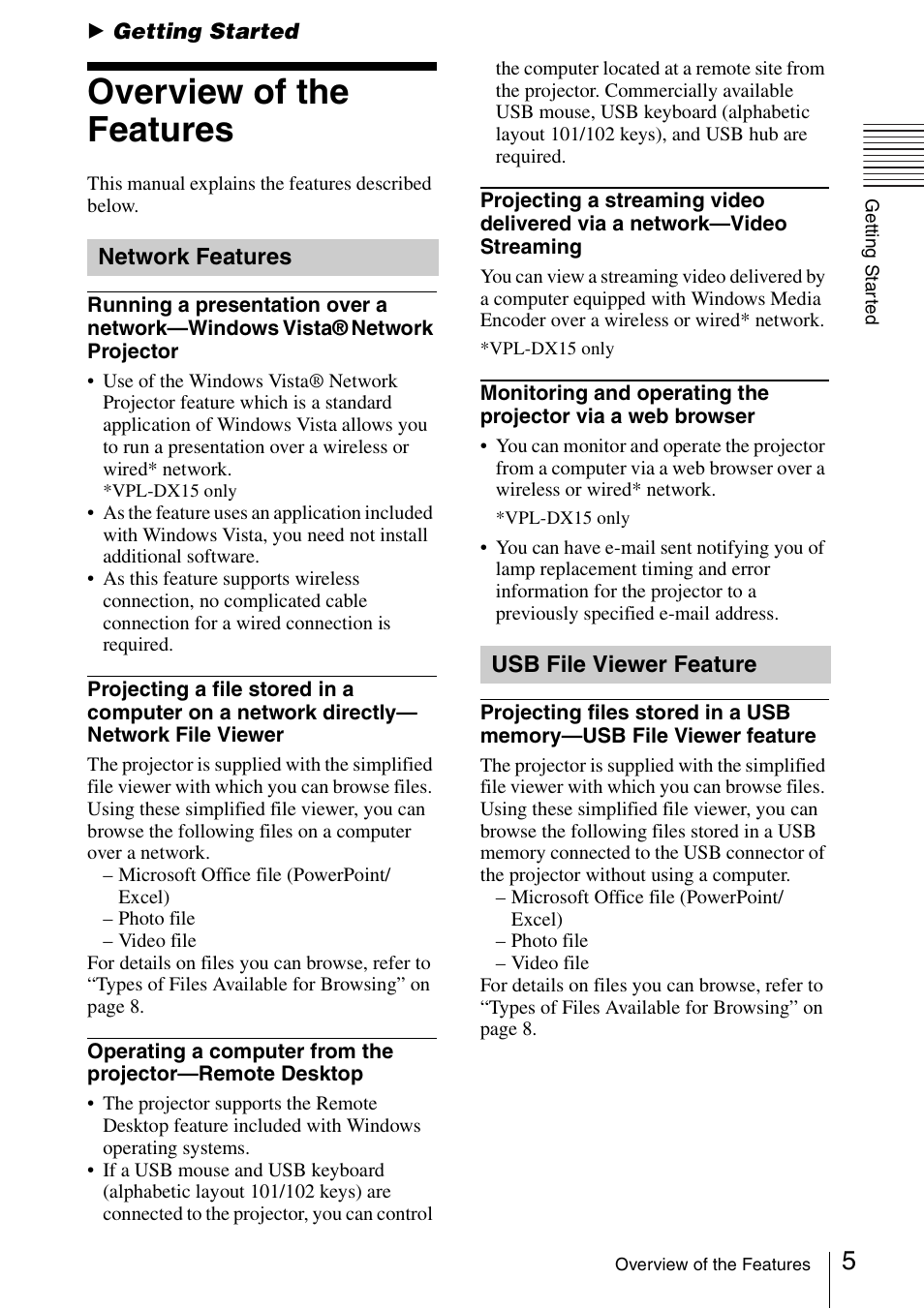 Getting started, Overview of the features, Network features | Usb file viewer feature | Sony 4-125-572-12 (1) User Manual | Page 5 / 47