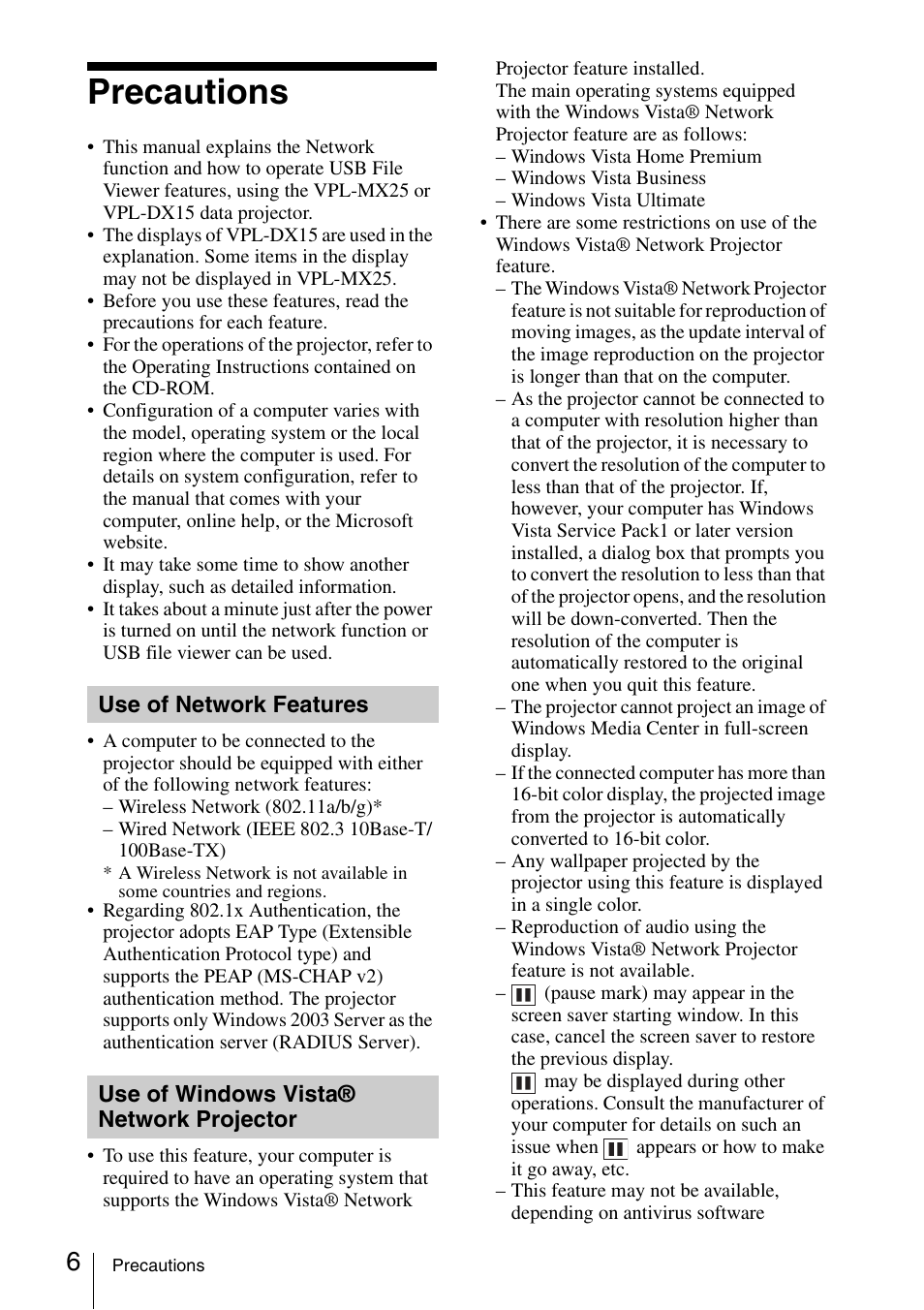 Precautions, Use of network features, Use of windows vista® network projector | Use of windows vista® network, Projector | Sony 4-125-572-12 (1) User Manual | Page 6 / 47