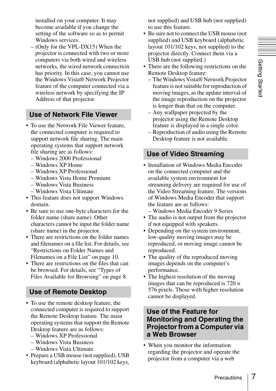 Use of network file viewer, Use of remote desktop, Use of video streaming | Use of the feature for monitoring | Sony 4-125-572-12 (1) User Manual | Page 7 / 47