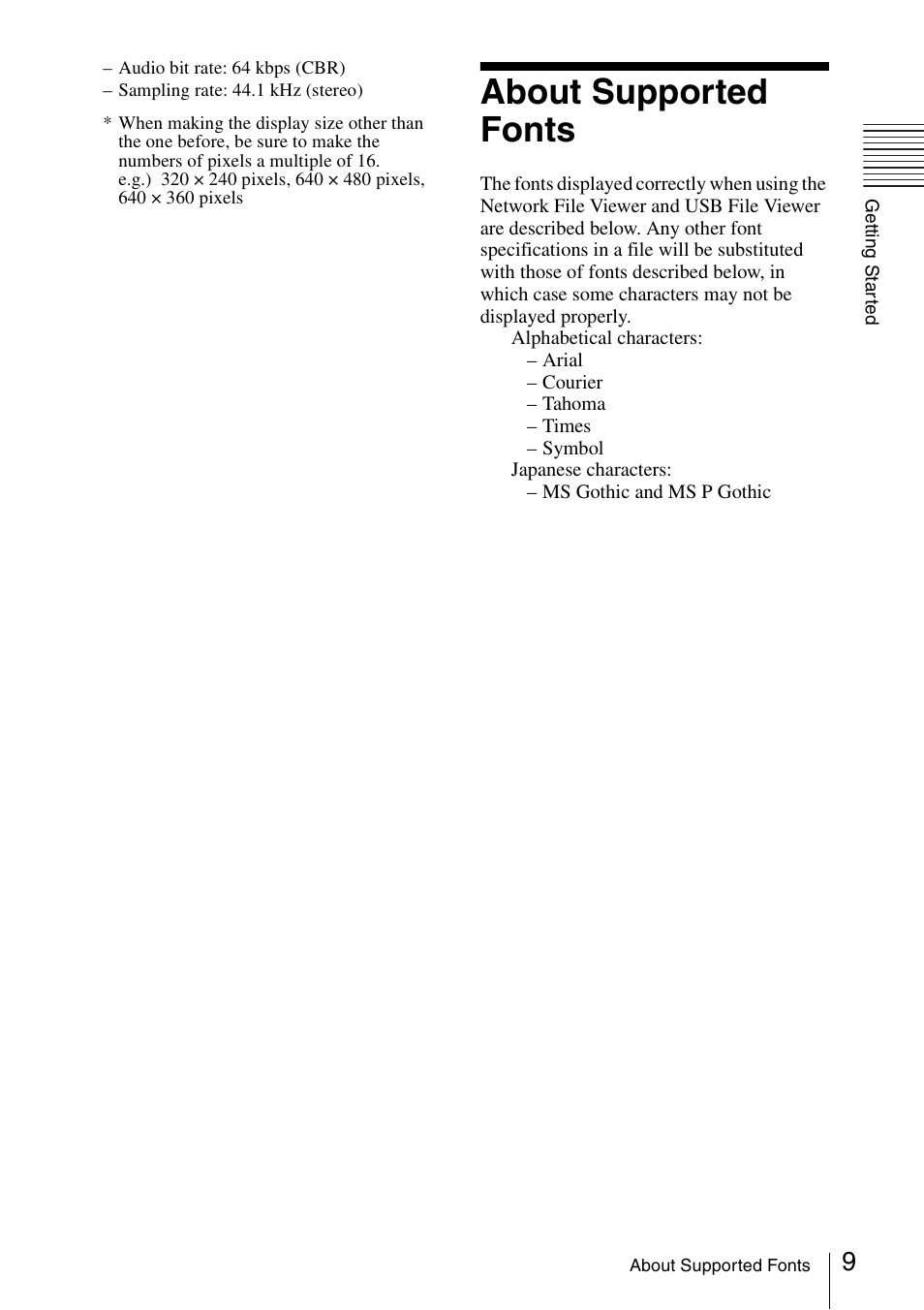 About supported fonts | Sony 4-125-572-12 (1) User Manual | Page 9 / 47