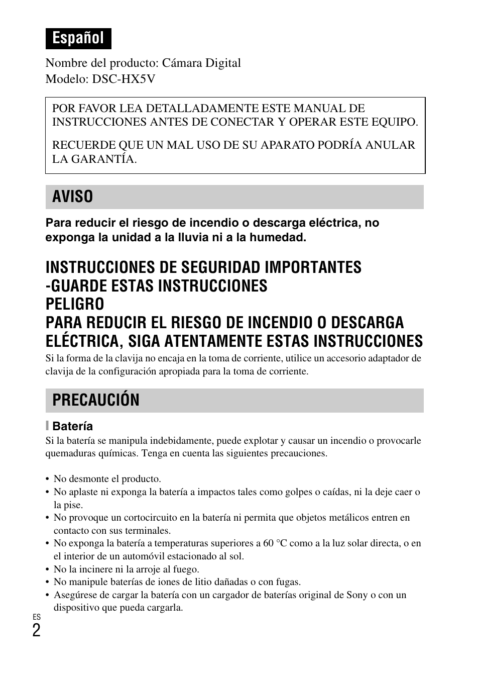 Español, Instrucciones de seguridad importantes, Aviso precaución | Sony CYBER-SHOT DSC-HX5/HX5V User Manual | Page 32 / 60