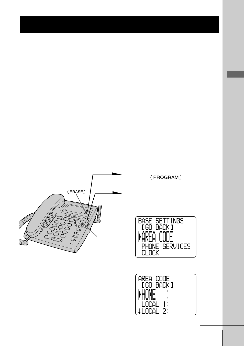 Entering the area code, Step 4: entering the area code, Area code | Home, Step 4 | Sony SPP-A2480 User Manual | Page 13 / 88