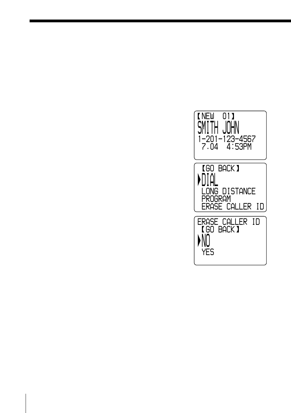 Erasing data from the caller id list, Dial, Smith john | Sony SPP-A2480 User Manual | Page 70 / 88
