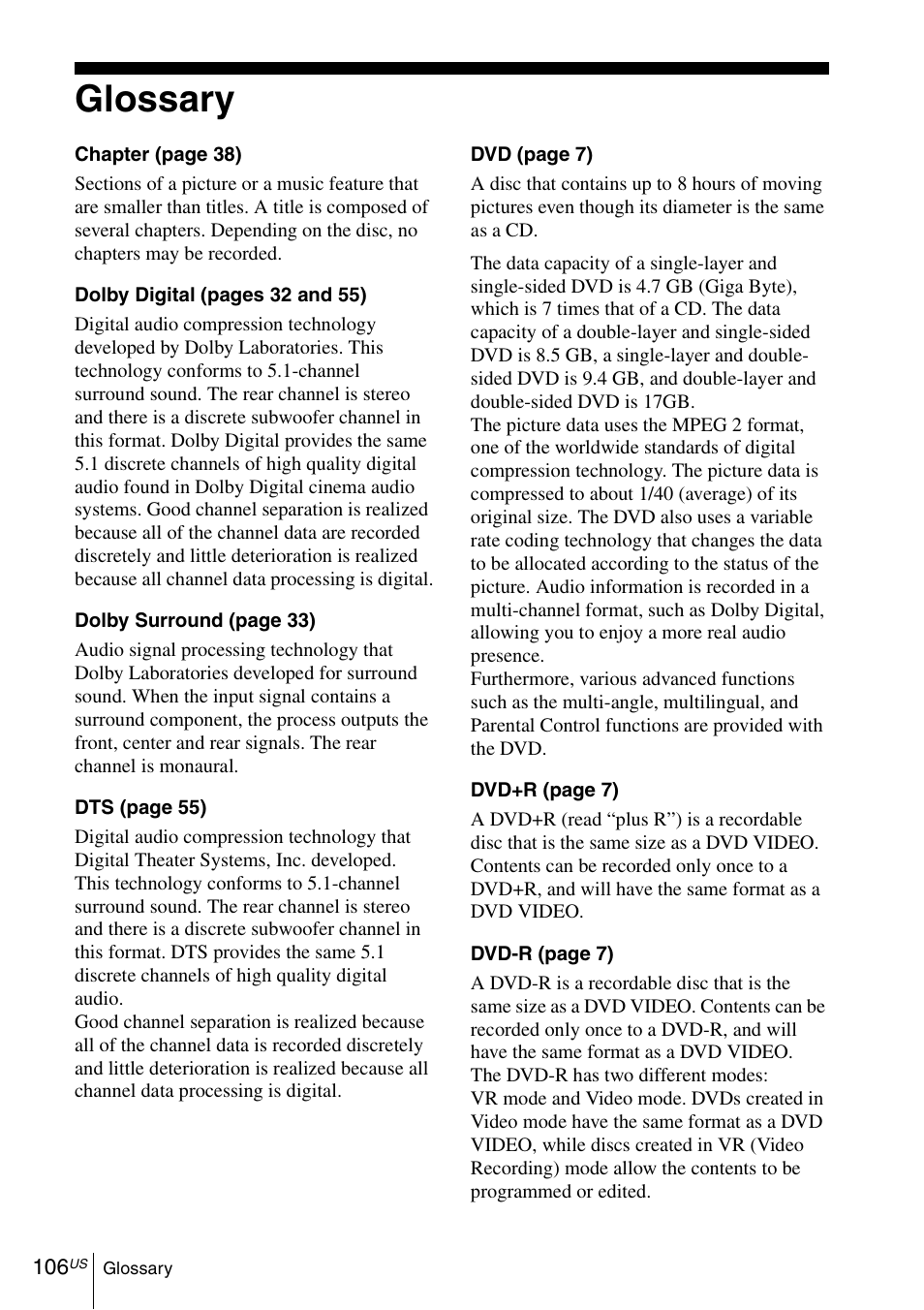 Glossary, 106 g | Sony SLV-D271PDVD User Manual | Page 106 / 132