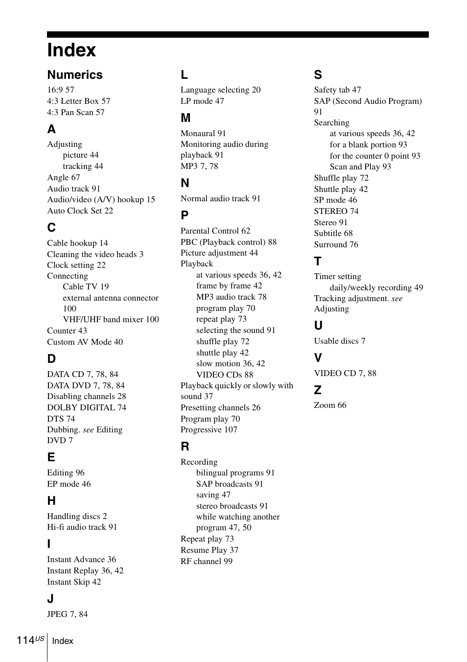 Index, 114 in, Numerics | Sony SLV-D271PDVD User Manual | Page 114 / 132