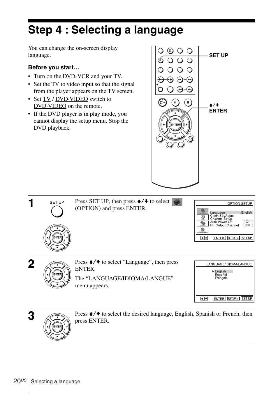 Step 4 : selecting a language | Sony SLV-D271PDVD User Manual | Page 20 / 132