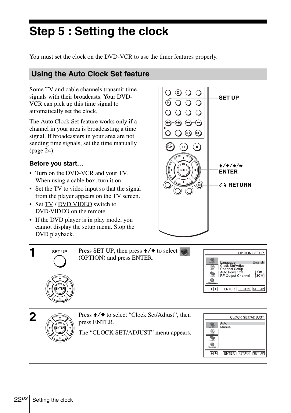 Step 5 : setting the clock | Sony SLV-D271PDVD User Manual | Page 22 / 132