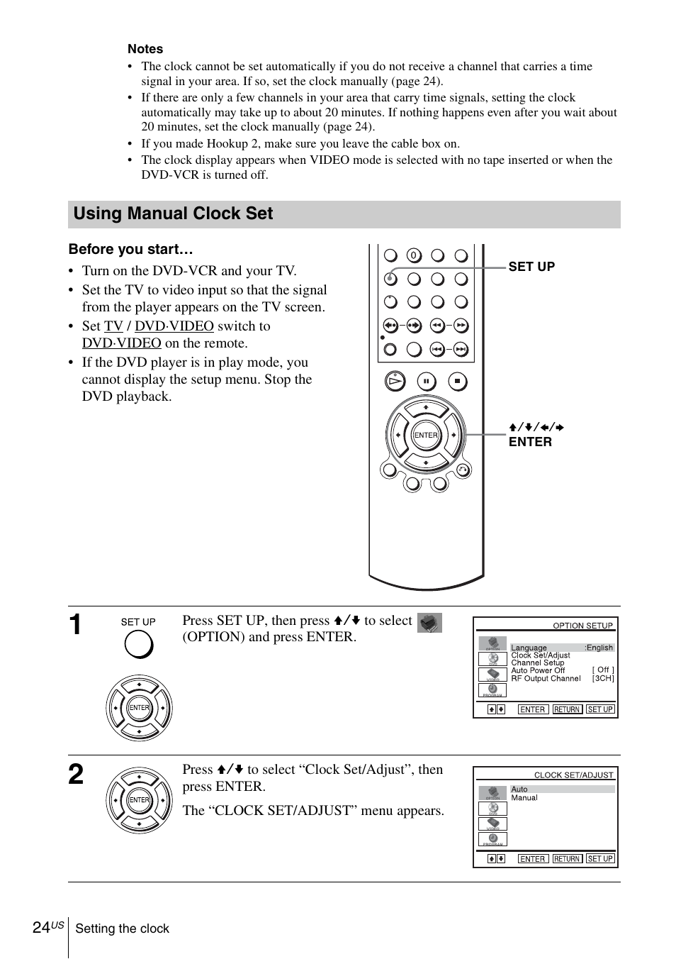 Using manual clock set | Sony SLV-D271PDVD User Manual | Page 24 / 132