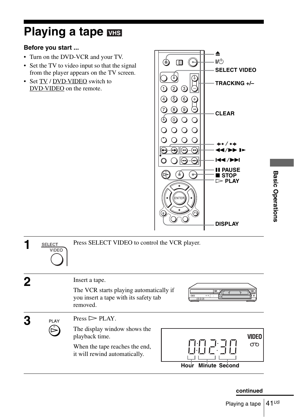 Playing a tape | Sony SLV-D271PDVD User Manual | Page 41 / 132
