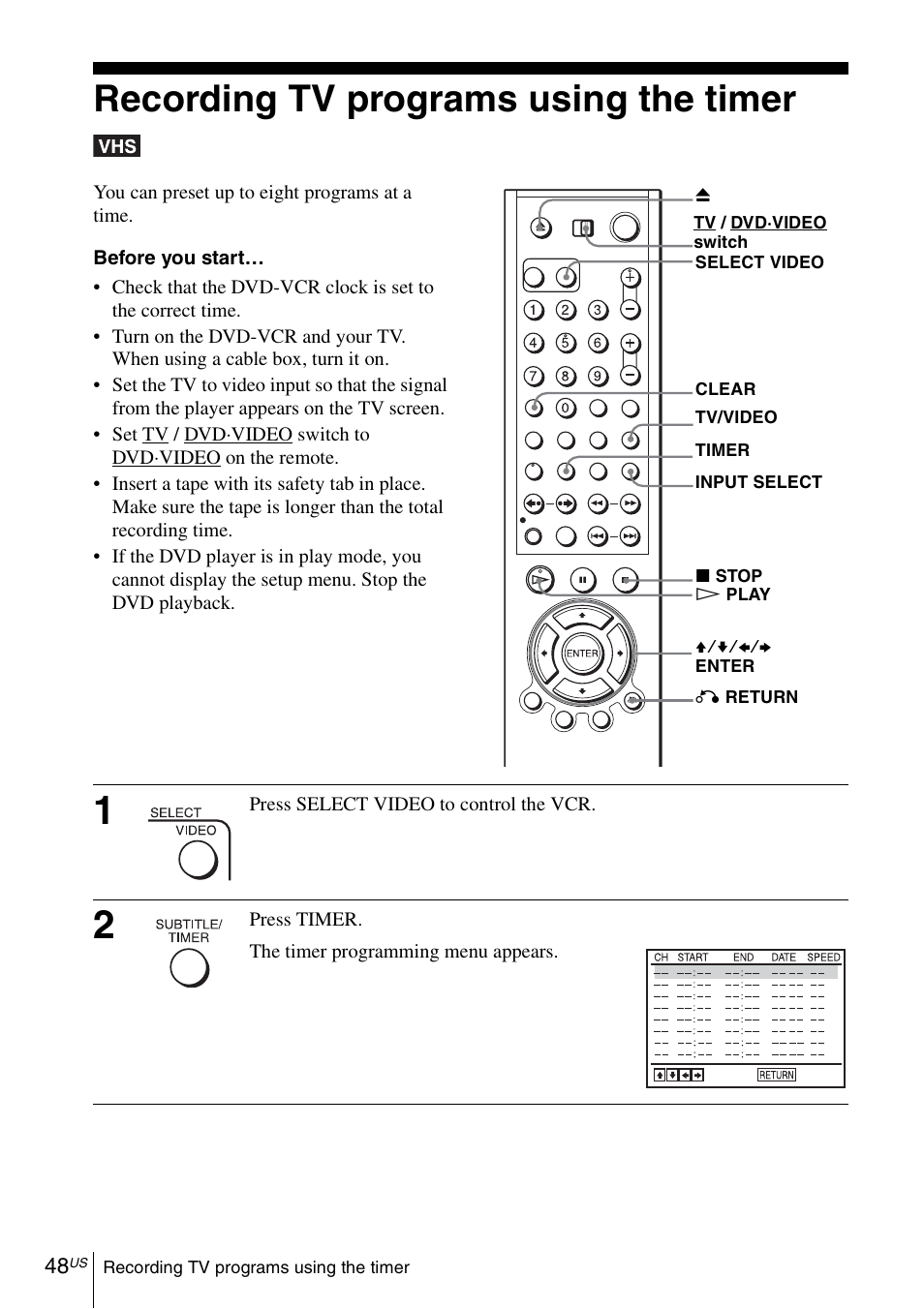 Recording tv programs using the timer | Sony SLV-D271PDVD User Manual | Page 48 / 132