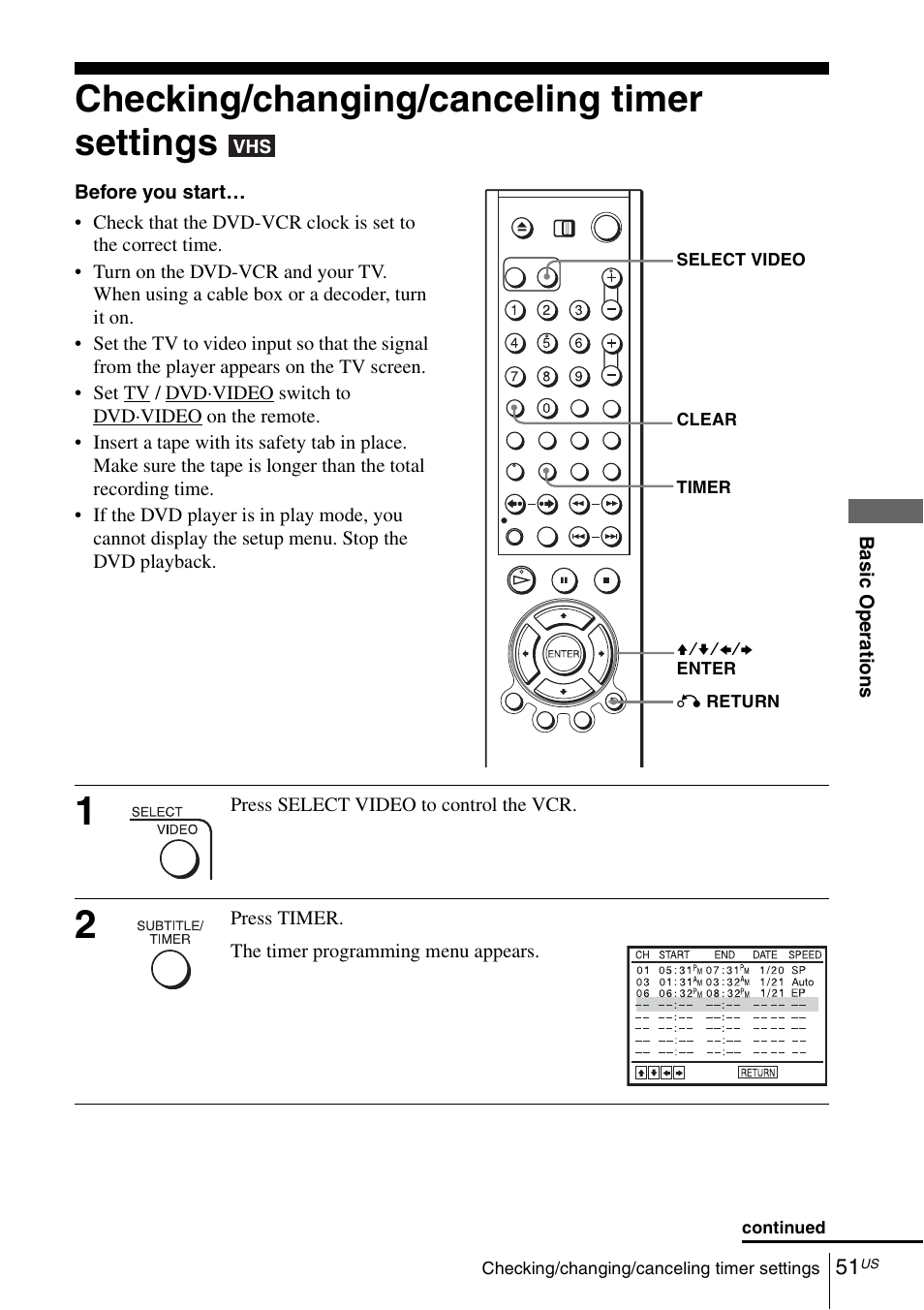 Checking/changing/canceling timer settings | Sony SLV-D271PDVD User Manual | Page 51 / 132