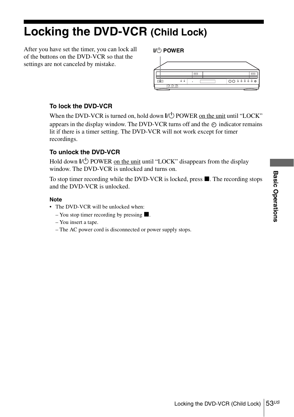 Locking the dvd-vcr (child lock), Locking the dvd-vcr, Child lock) | Sony SLV-D271PDVD User Manual | Page 53 / 132