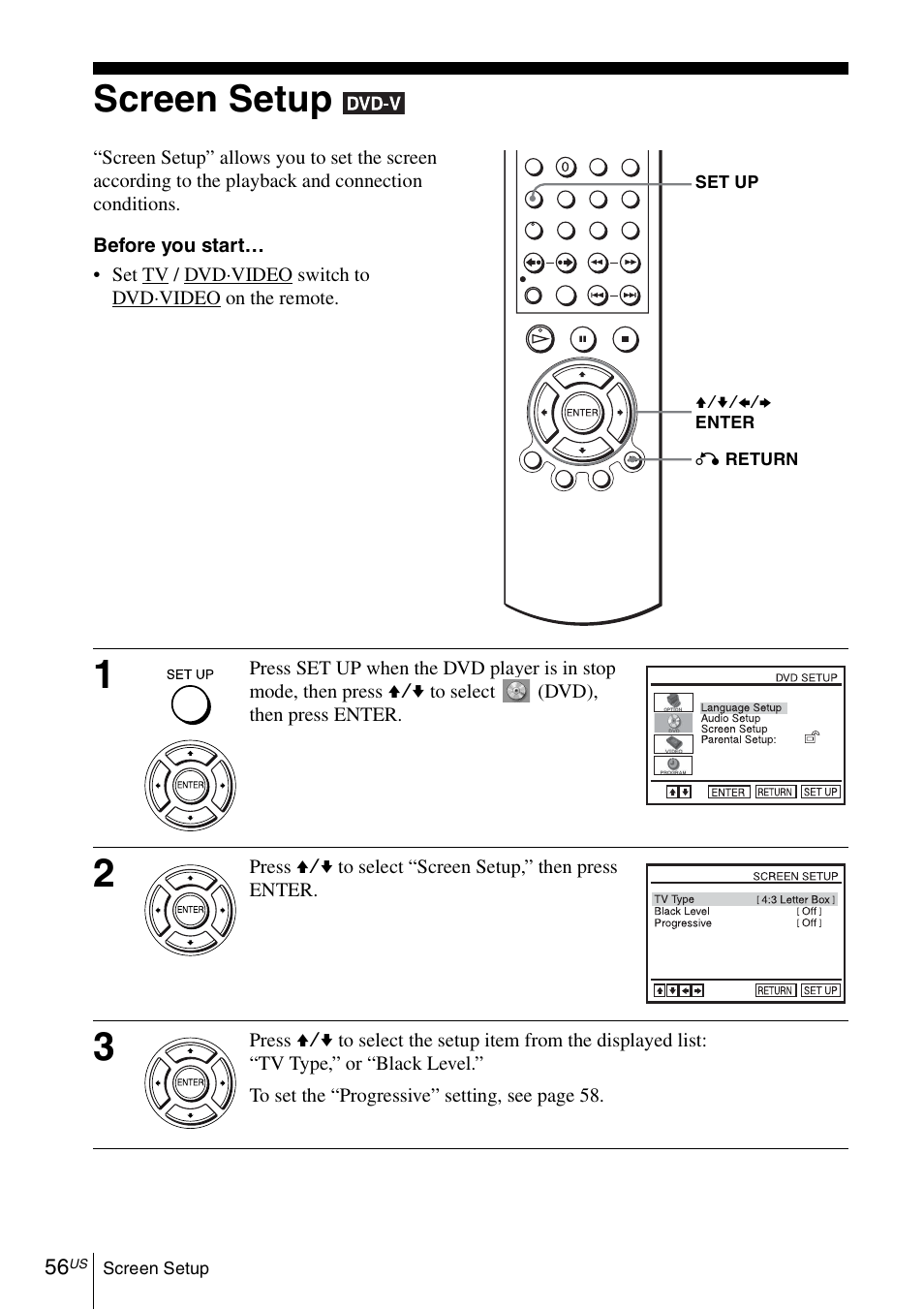 Screen setup, 56 sc, See “screen setup” on | Sony SLV-D271PDVD User Manual | Page 56 / 132