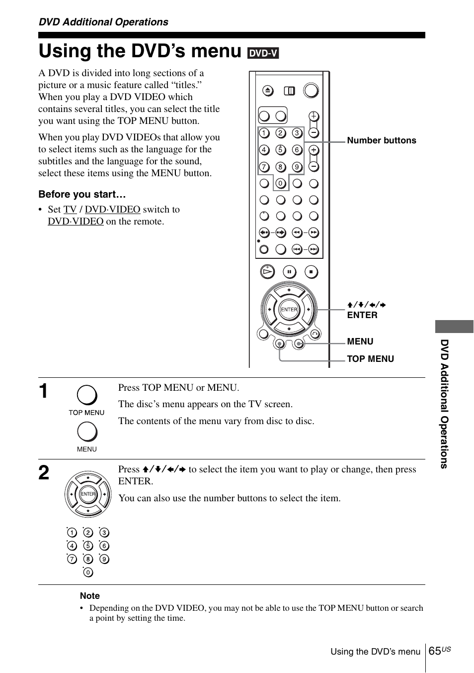 Dvd additional operations, Using the dvd’s menu, 65 u | Sony SLV-D271PDVD User Manual | Page 65 / 132