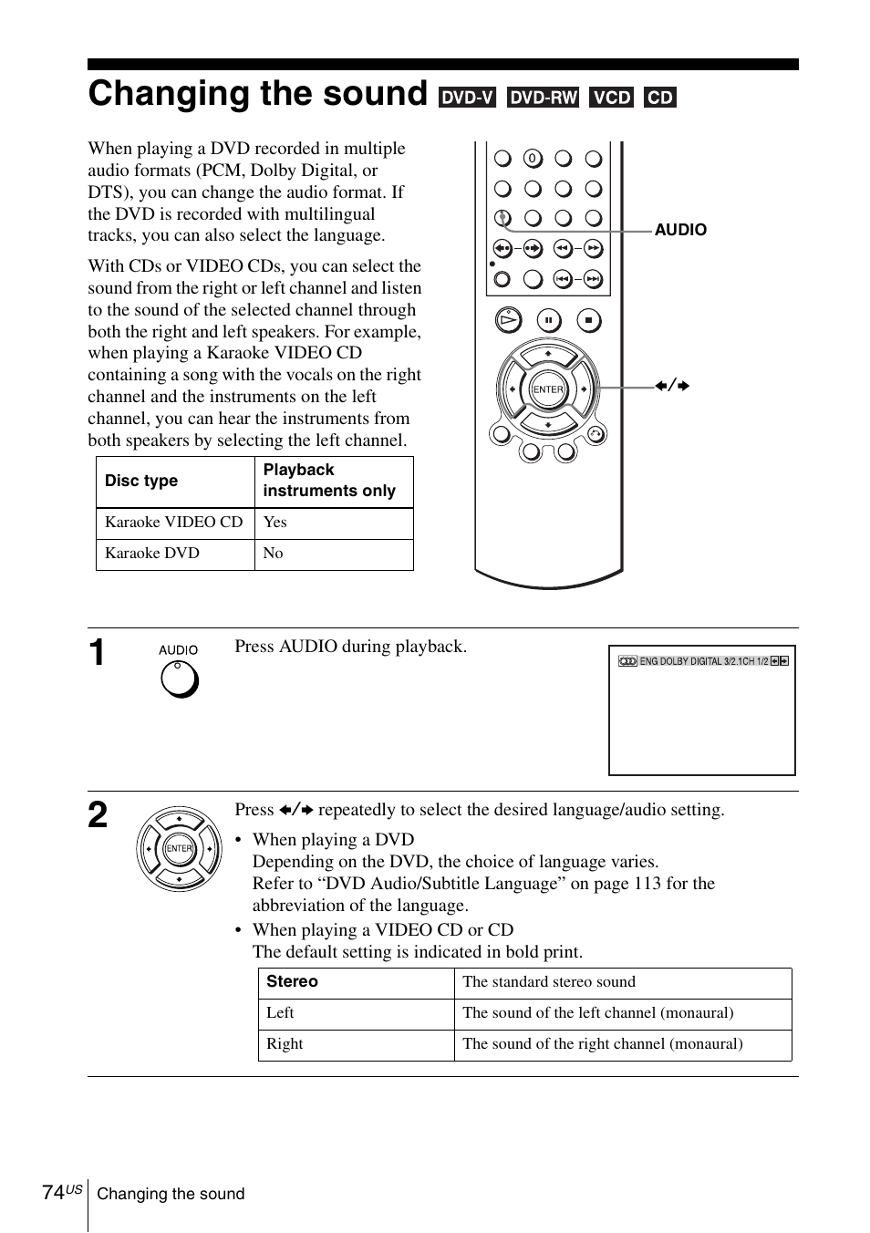 Changing the sound, 74 cha | Sony SLV-D271PDVD User Manual | Page 74 / 132