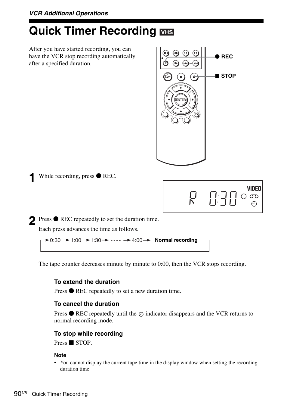 Vcr additional operations, Quick timer recording, 90 q | Sony SLV-D271PDVD User Manual | Page 90 / 132