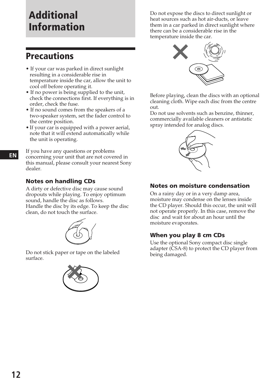 Additional information, Precautions | Sony CDX-3180 User Manual | Page 12 / 68