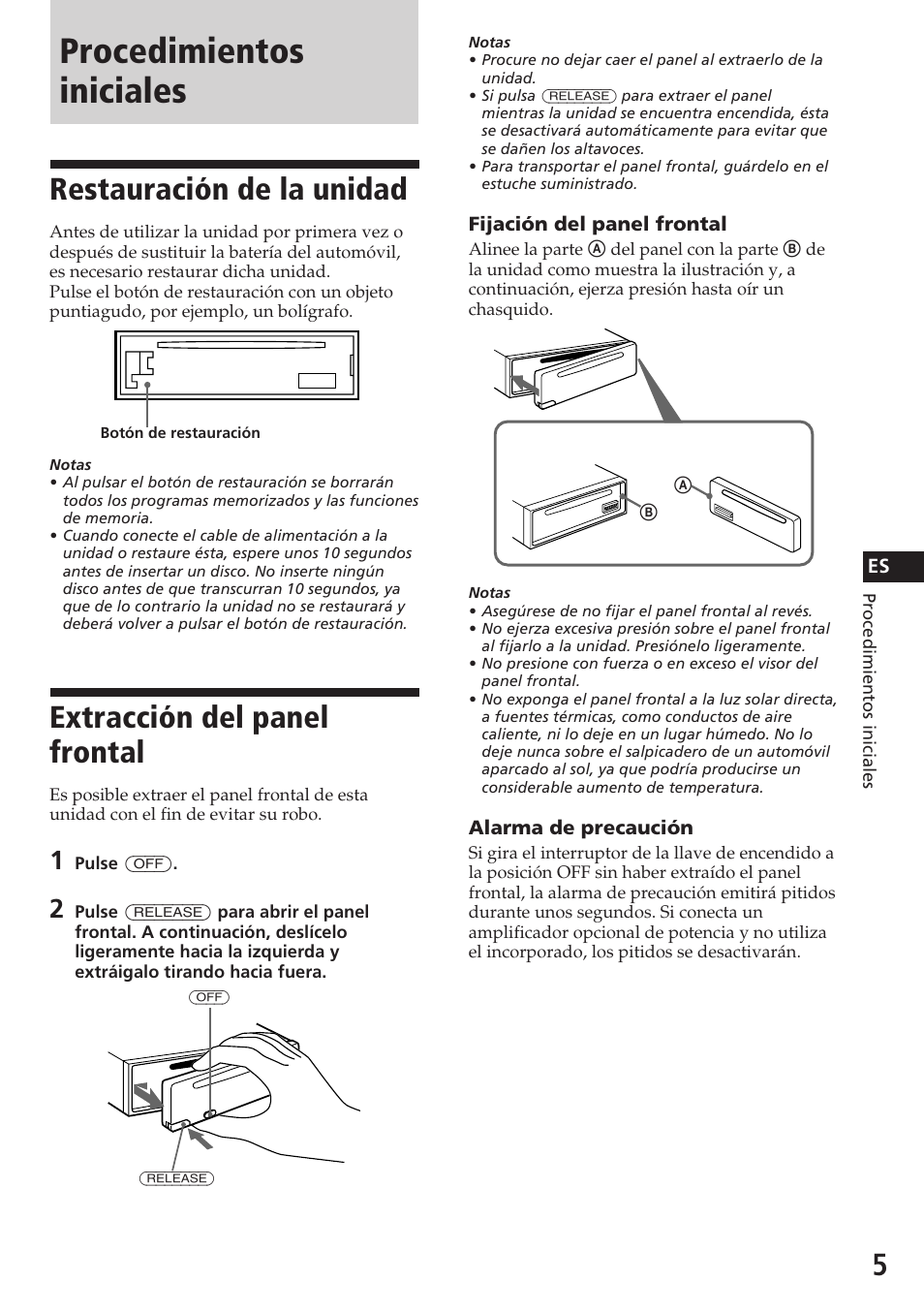 Procedimientos iniciales, Restauración de la unidad, Extracción del panel frontal | Sony CDX-3180 User Manual | Page 21 / 68