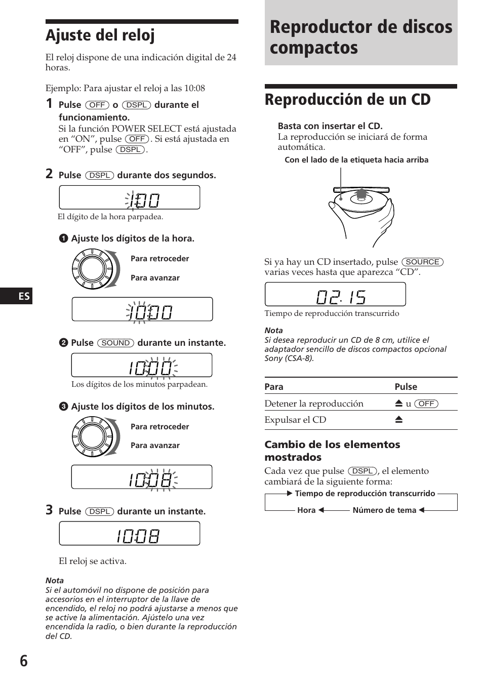 Reproductor de discos compactos, Ajuste del reloj, Reproducción de un cd | Sony CDX-3180 User Manual | Page 22 / 68