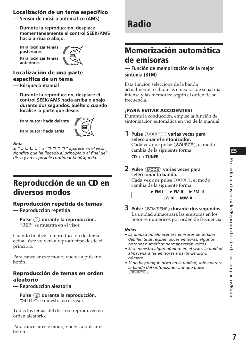 Radio, Reproducción de un cd en diversos modos | Sony CDX-3180 User Manual | Page 23 / 68