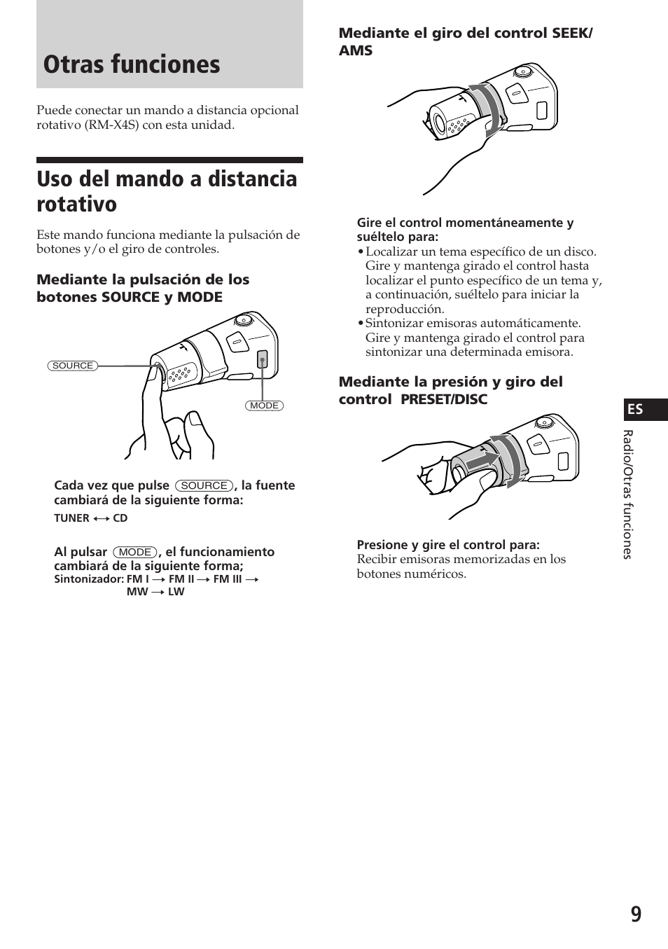 Otras funciones, Uso del mando a distancia rotativo | Sony CDX-3180 User Manual | Page 25 / 68