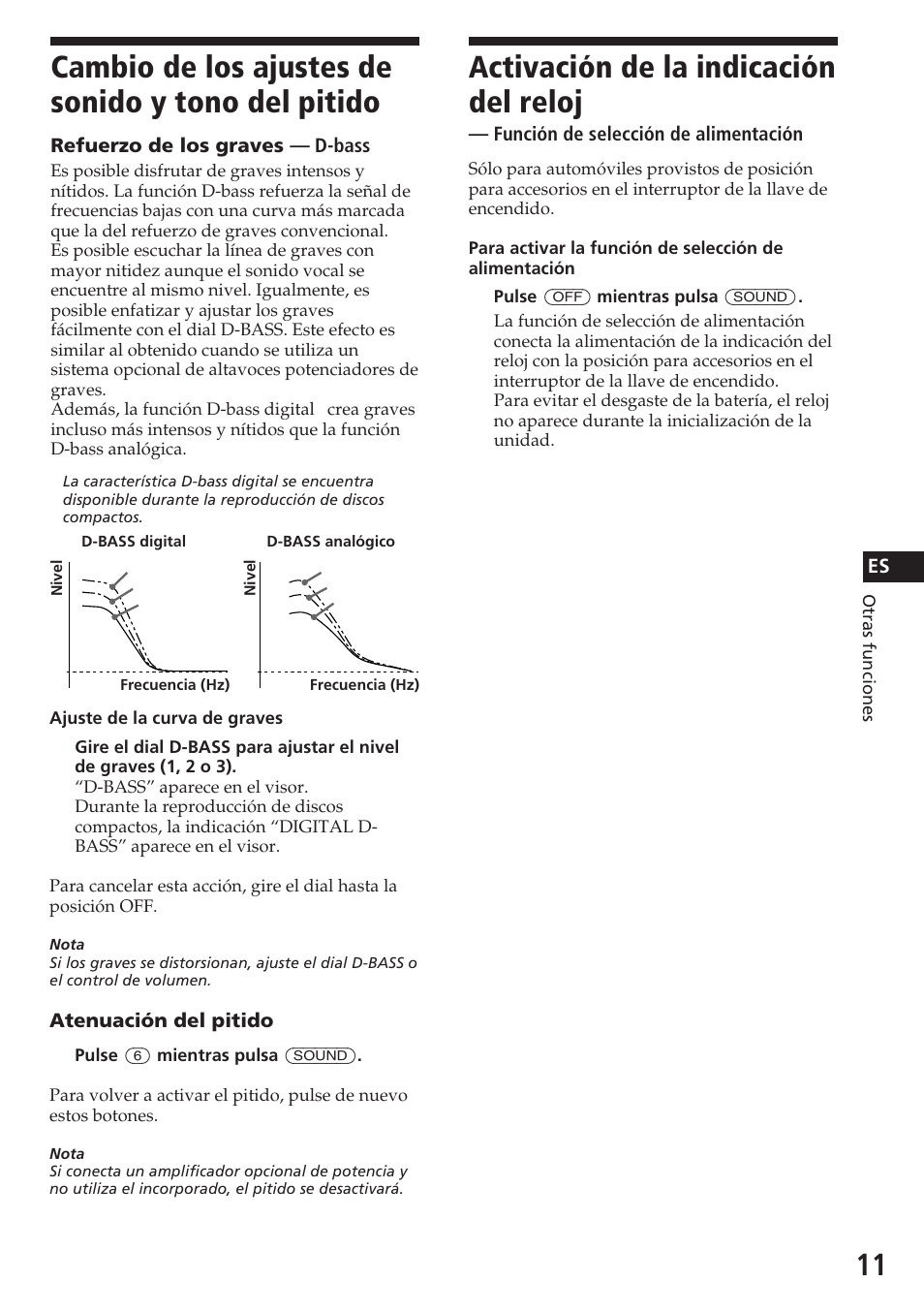 Cambio de los ajustes de sonido y tono del pitido, Activación de la indicación del reloj, Atenuación del pitido | Refuerzo de los graves — d-bass, Función de selección de alimentación | Sony CDX-3180 User Manual | Page 27 / 68