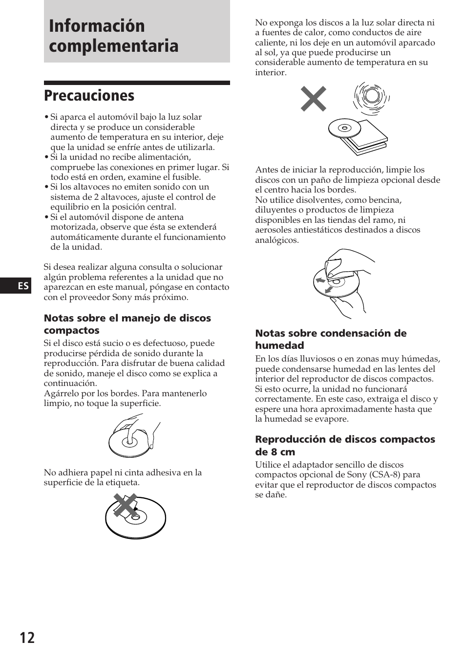 Información complementaria, Precauciones | Sony CDX-3180 User Manual | Page 28 / 68