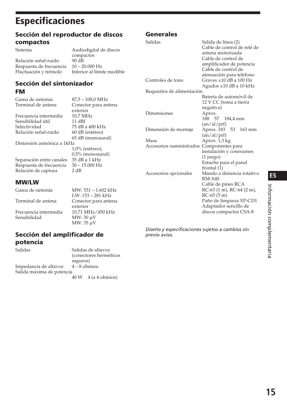 Especificaciones, Sección del reproductor de discos compactos, Sección del sintonizador fm | Mw/lw, Sección del amplificador de potencia, Generales | Sony CDX-3180 User Manual | Page 31 / 68