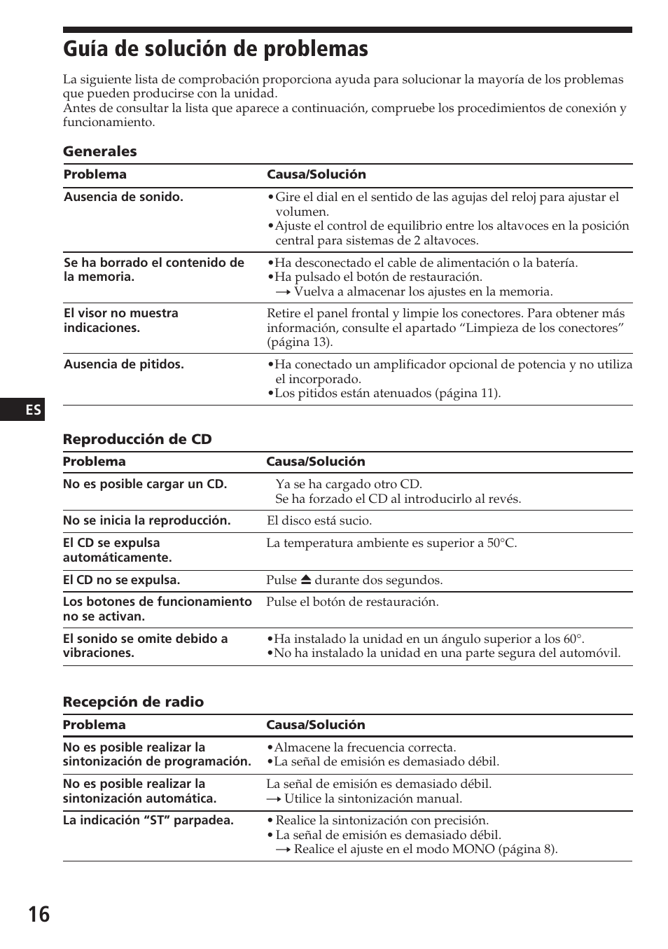 Guía de solución de problemas | Sony CDX-3180 User Manual | Page 32 / 68