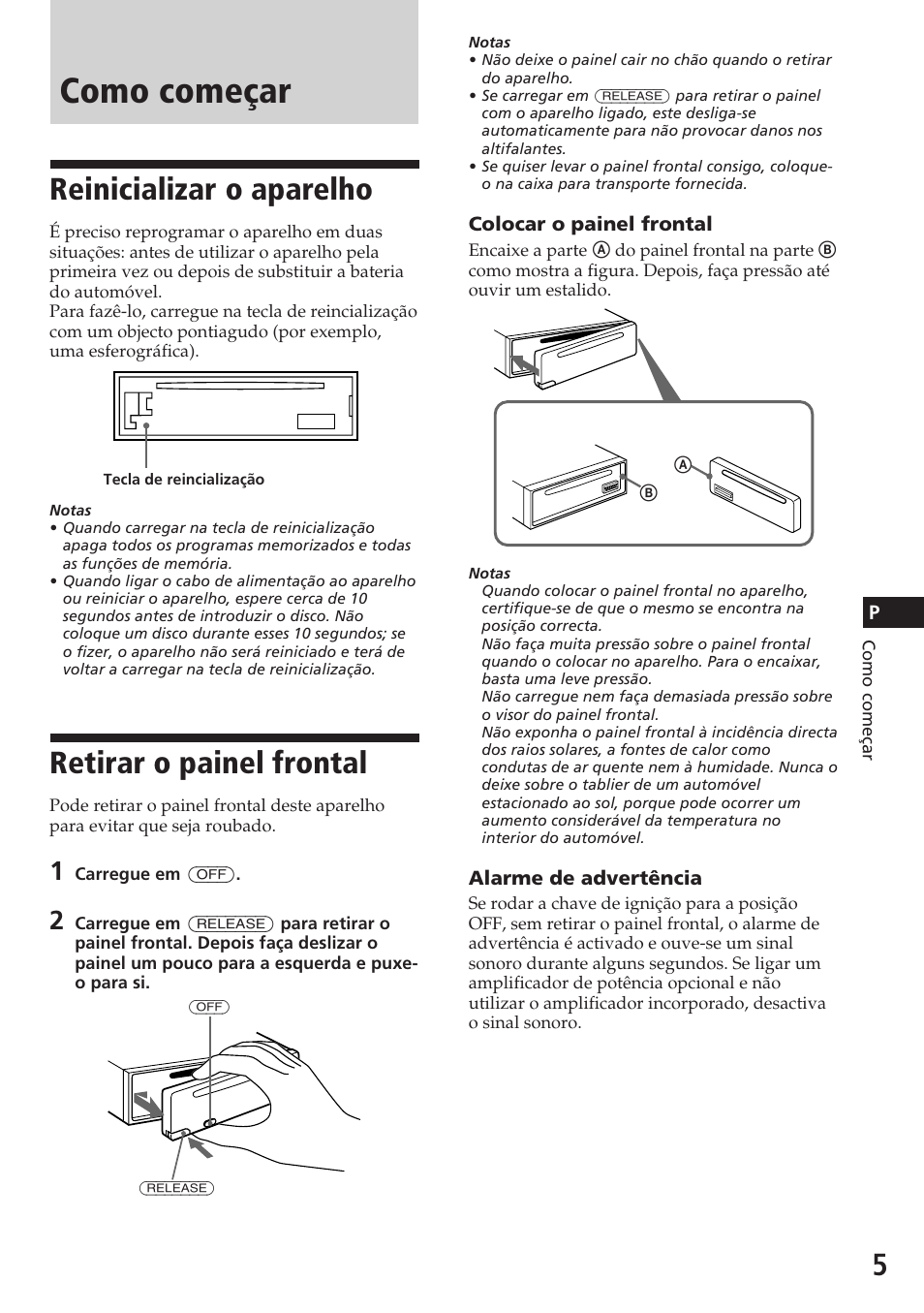 Como começar, Reinicializar o aparelho, Retirar o painel frontal | Sony CDX-3180 User Manual | Page 37 / 68