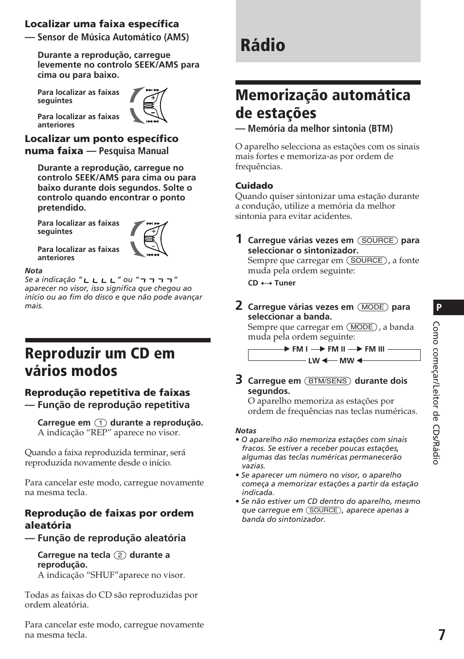 Rádio, Reproduzir um cd em vários modos | Sony CDX-3180 User Manual | Page 39 / 68