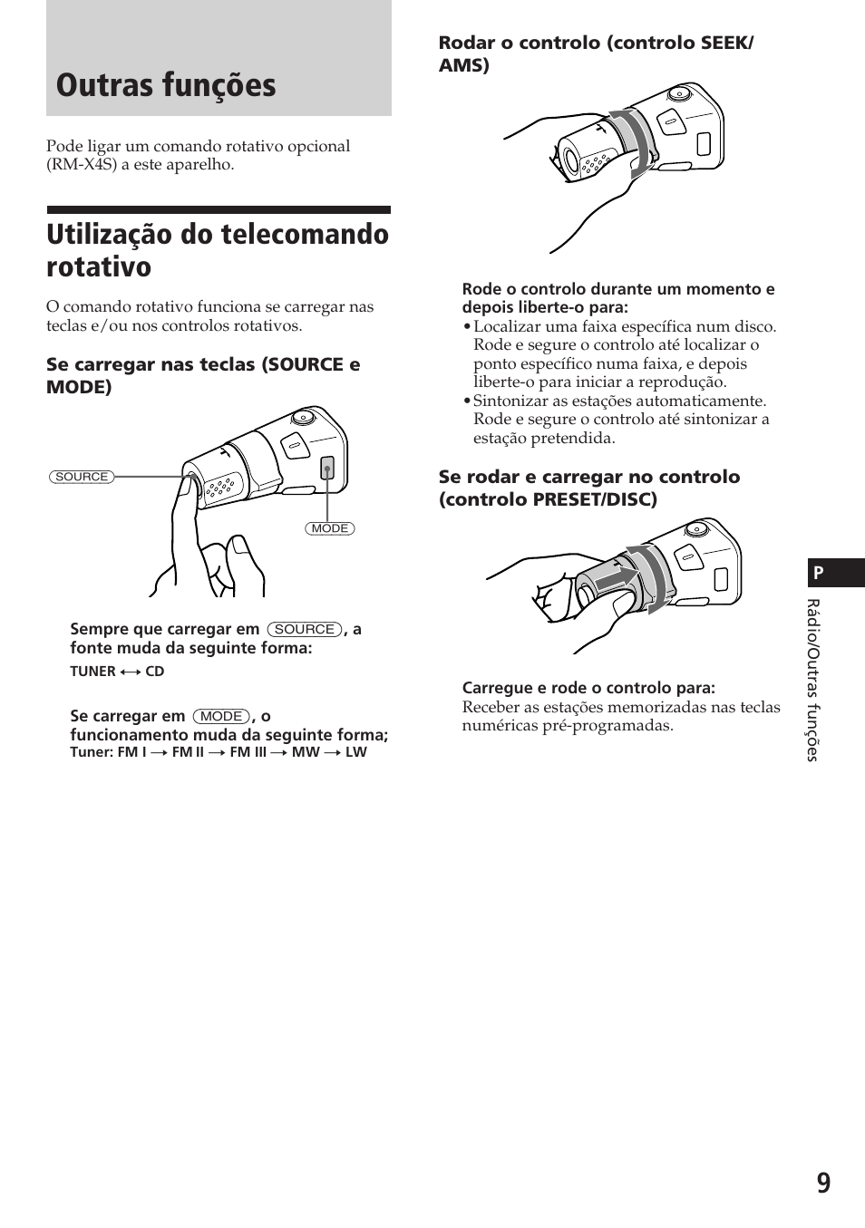 Outras funções, Utilização do telecomando rotativo | Sony CDX-3180 User Manual | Page 41 / 68