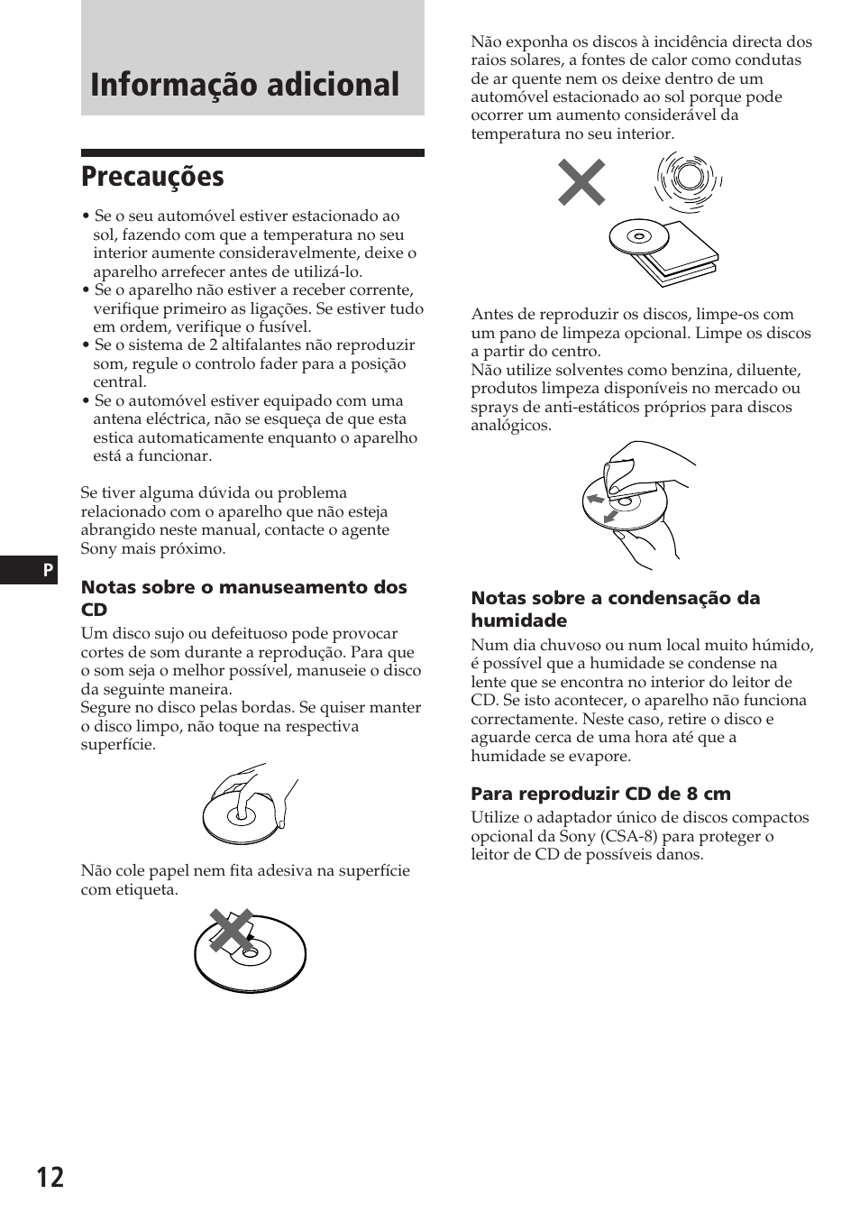 Informação adicional, Precauções | Sony CDX-3180 User Manual | Page 44 / 68