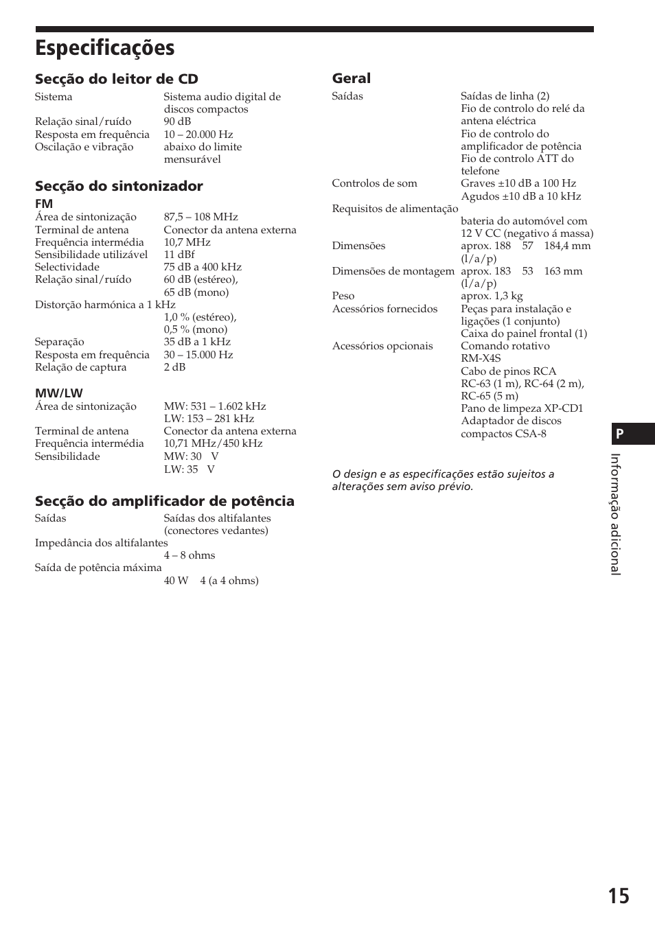 Especificações, Secção do leitor de cd, Secção do sintonizador | Secção do amplificador de potência, Geral | Sony CDX-3180 User Manual | Page 47 / 68