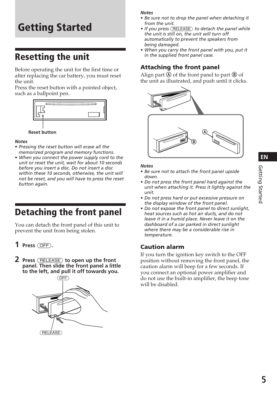 Getting started, Resetting the unit, Detaching the front panel | Sony CDX-3180 User Manual | Page 5 / 68