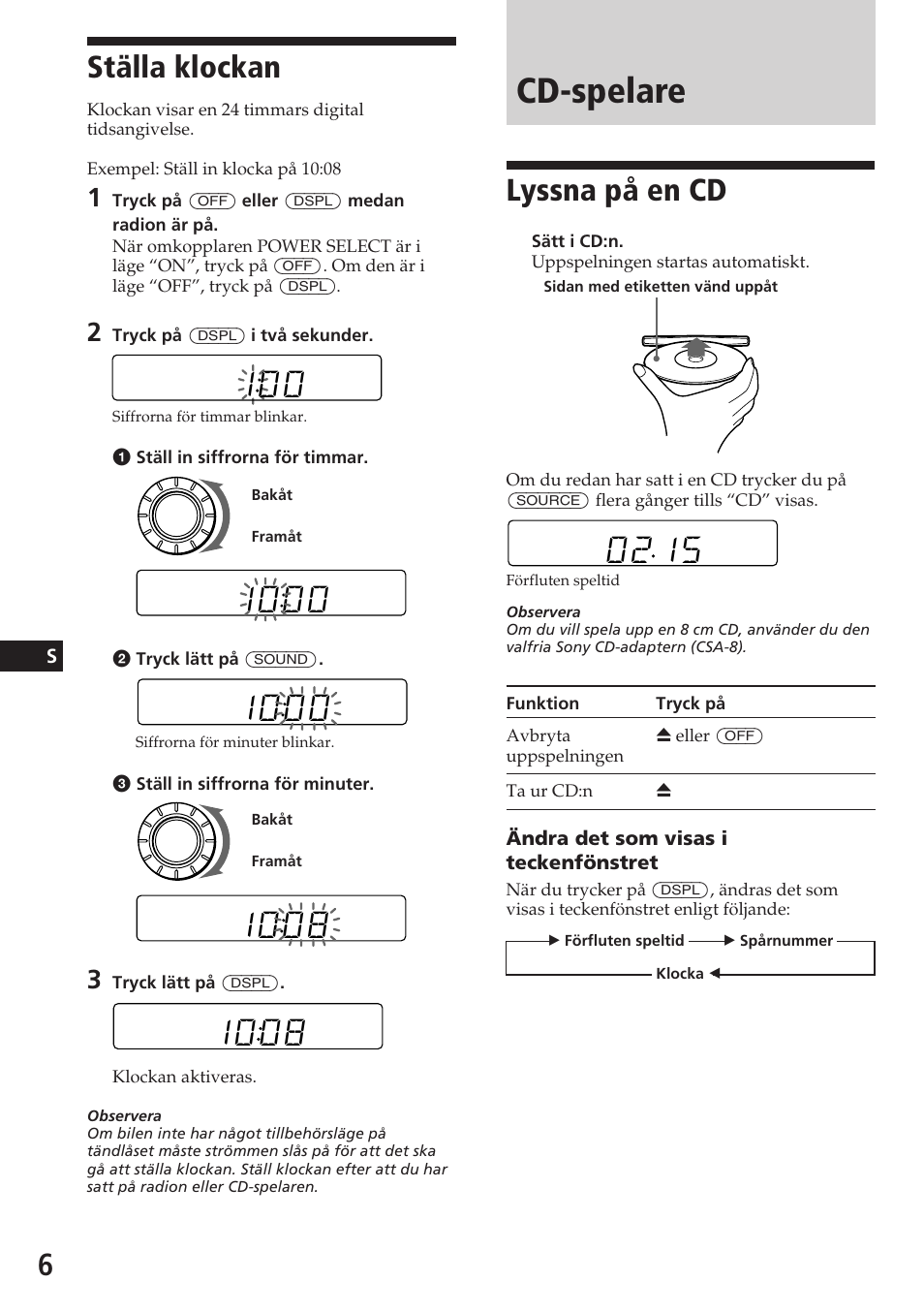 Cd-spelare, Lyssna på en cd, Ställa klockan | Sony CDX-3180 User Manual | Page 54 / 68