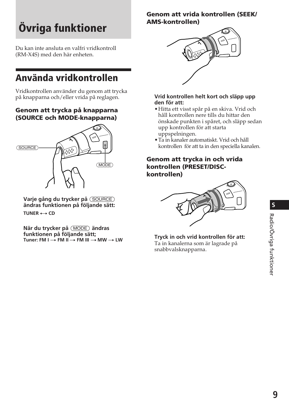 Övriga funktioner, Använda vridkontrollen | Sony CDX-3180 User Manual | Page 57 / 68