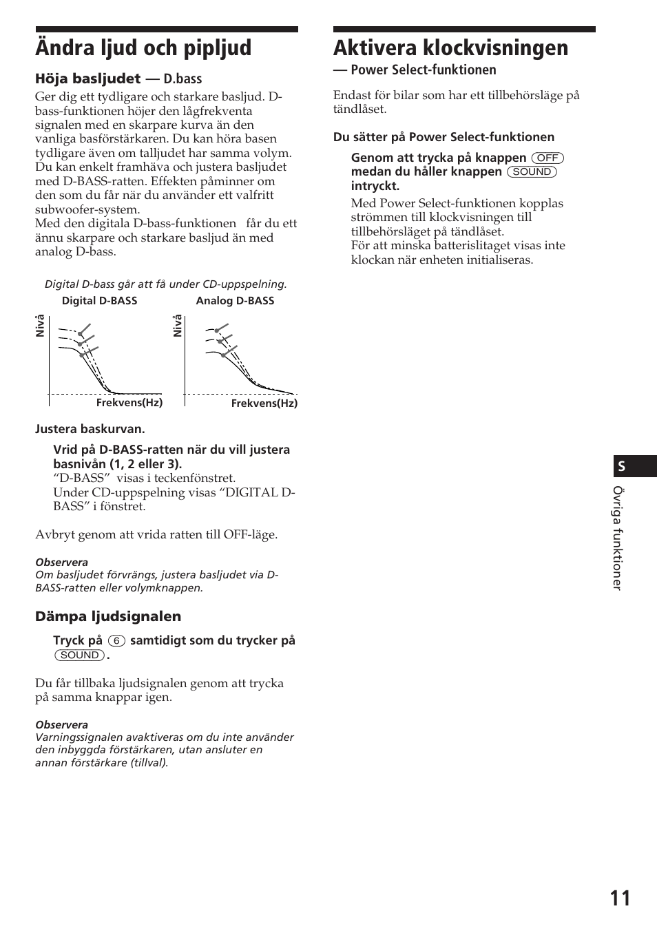 Ändra ljud och pipljud, Aktivera klockvisningen, Höja basljudet — d.bass | Dämpa ljudsignalen, Power select-funktionen | Sony CDX-3180 User Manual | Page 59 / 68