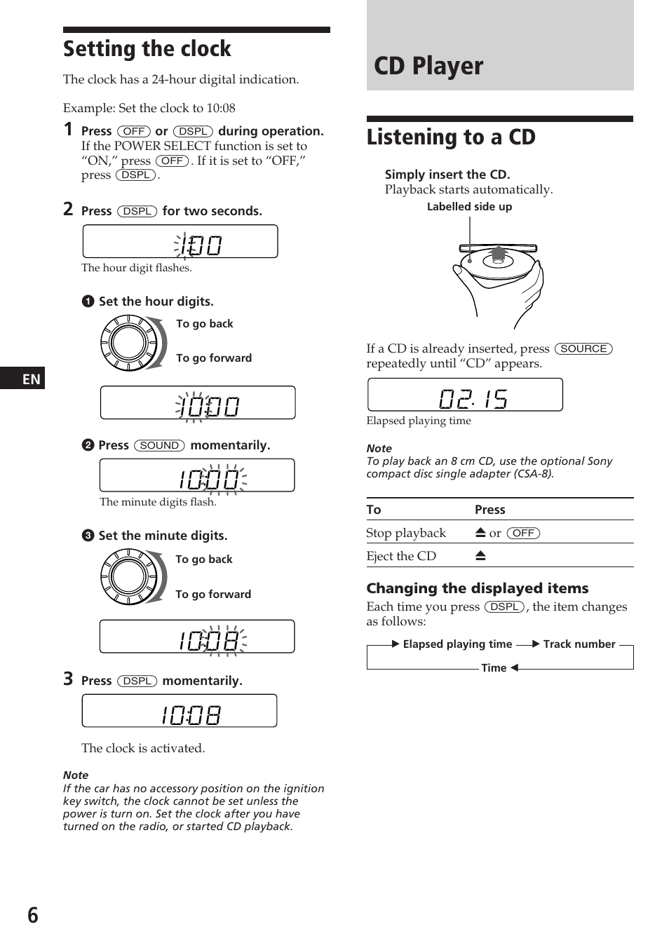Cd player, Setting the clock, Listening to a cd | Sony CDX-3180 User Manual | Page 6 / 68