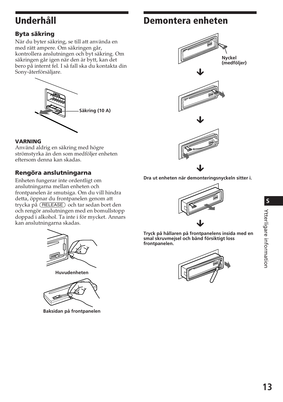 Underhåll, Demontera enheten | Sony CDX-3180 User Manual | Page 61 / 68