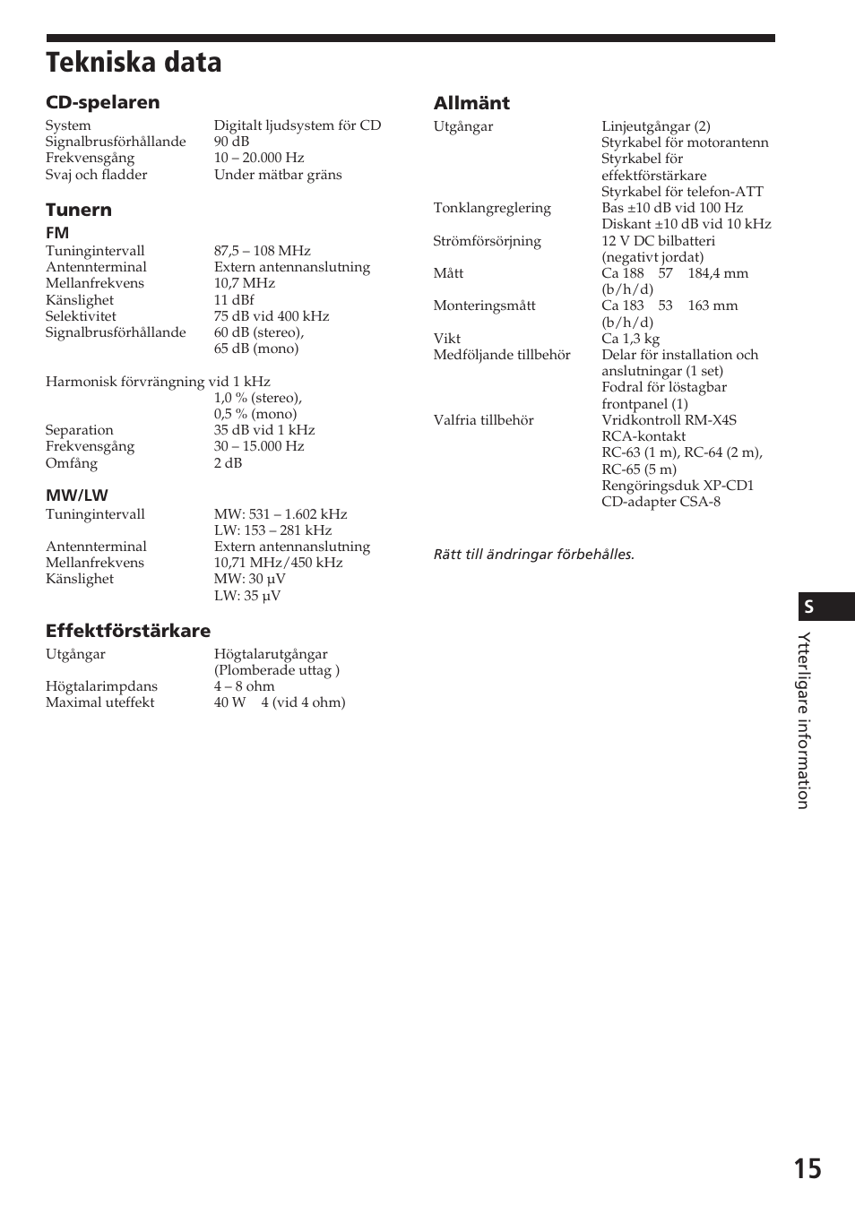 Tekniska data, Sallmänt, Cd-spelaren | Tunern, Effektförstärkare | Sony CDX-3180 User Manual | Page 63 / 68