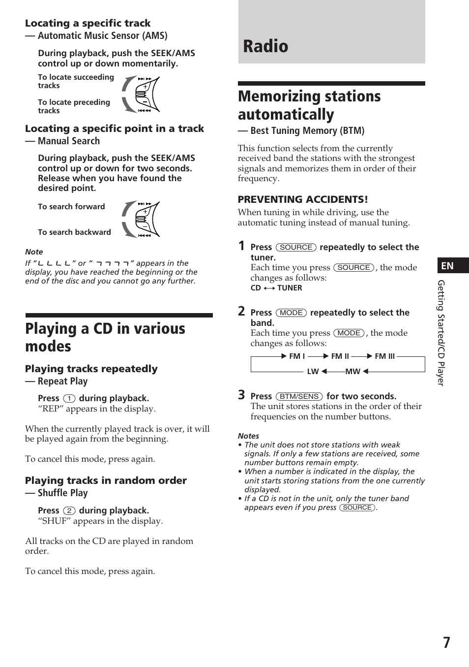 Radio, Playing a cd in various modes | Sony CDX-3180 User Manual | Page 7 / 68