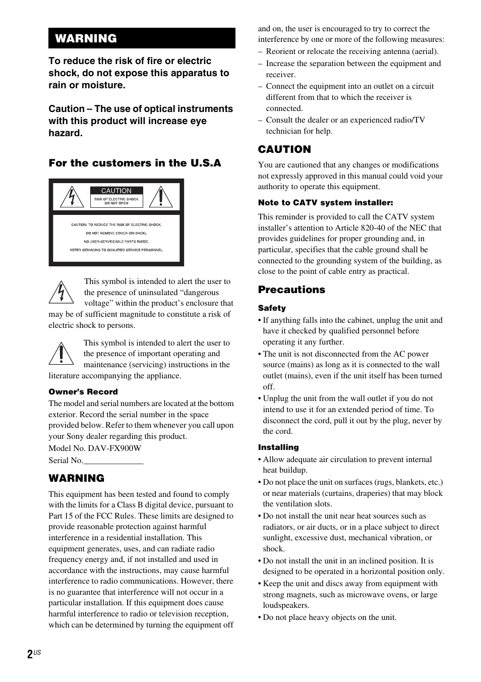 Warning | Sony DAV-FX900W User Manual | Page 2 / 112