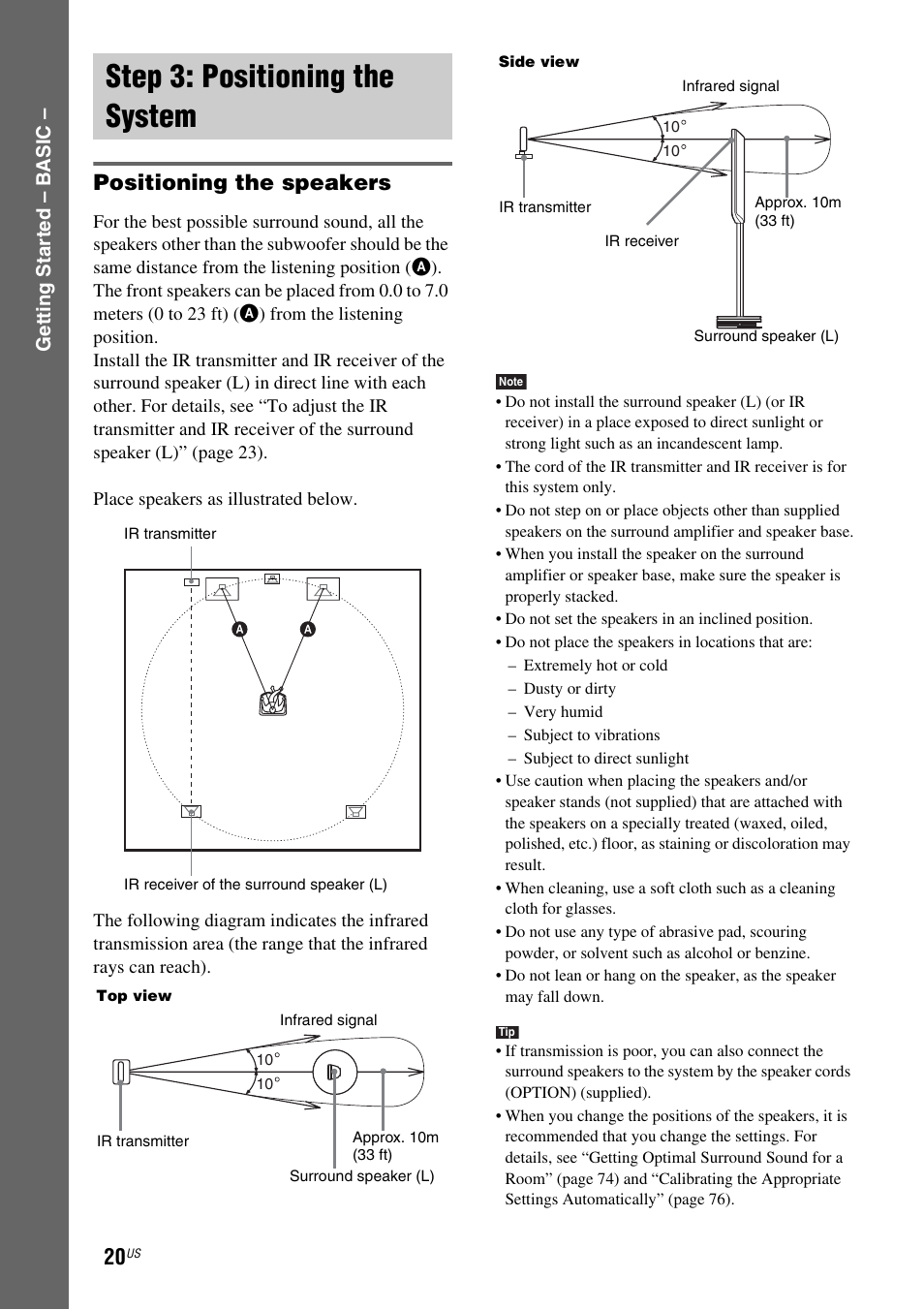 Step 3: positioning the system, Positioning the speakers | Sony DAV-FX900W User Manual | Page 20 / 112
